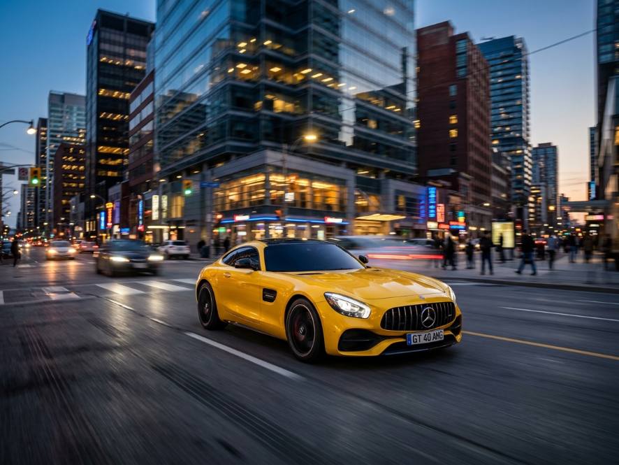 AMG GT with fresh ceramic window tint at dusk