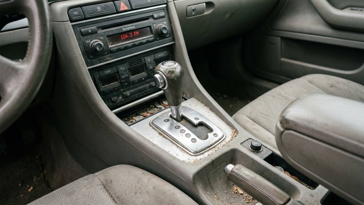 Interior console before detailing — dusty and worn