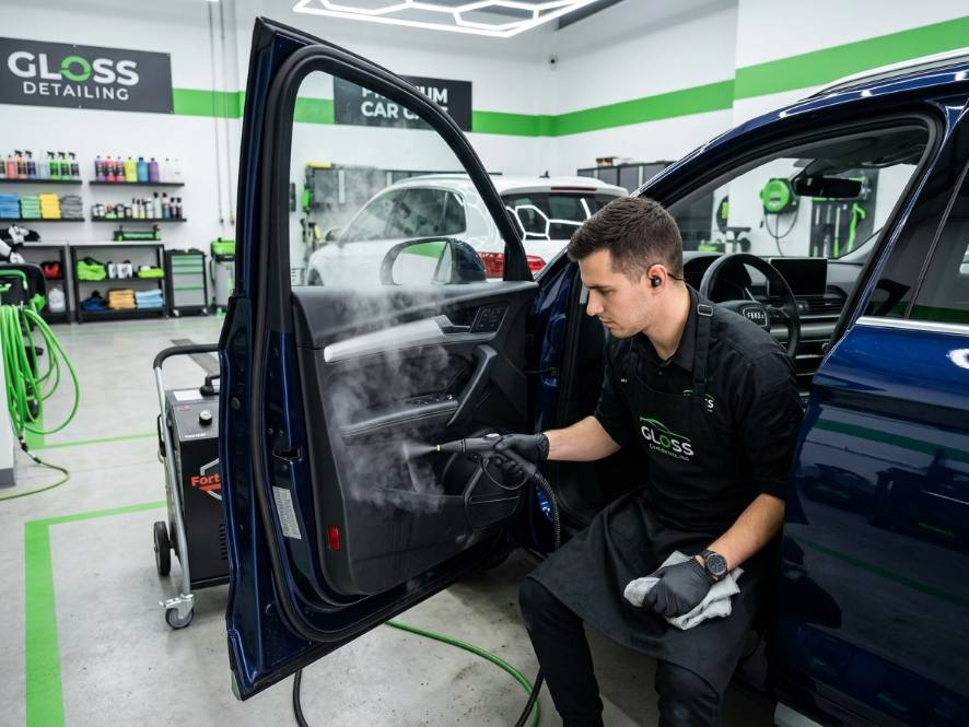Detailer steam-cleaning a door panel