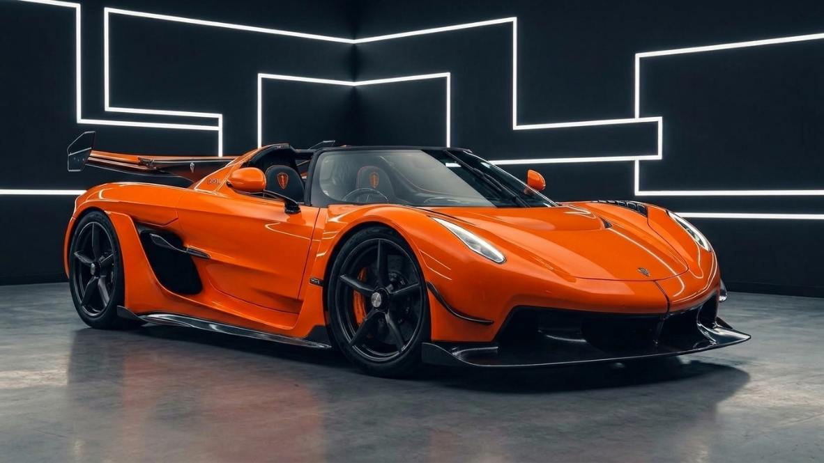 Orange Koenigsegg in a dark studio