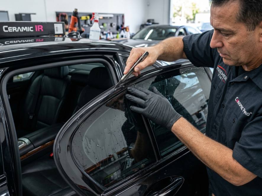 Ceramic tint being trimmed on a side window