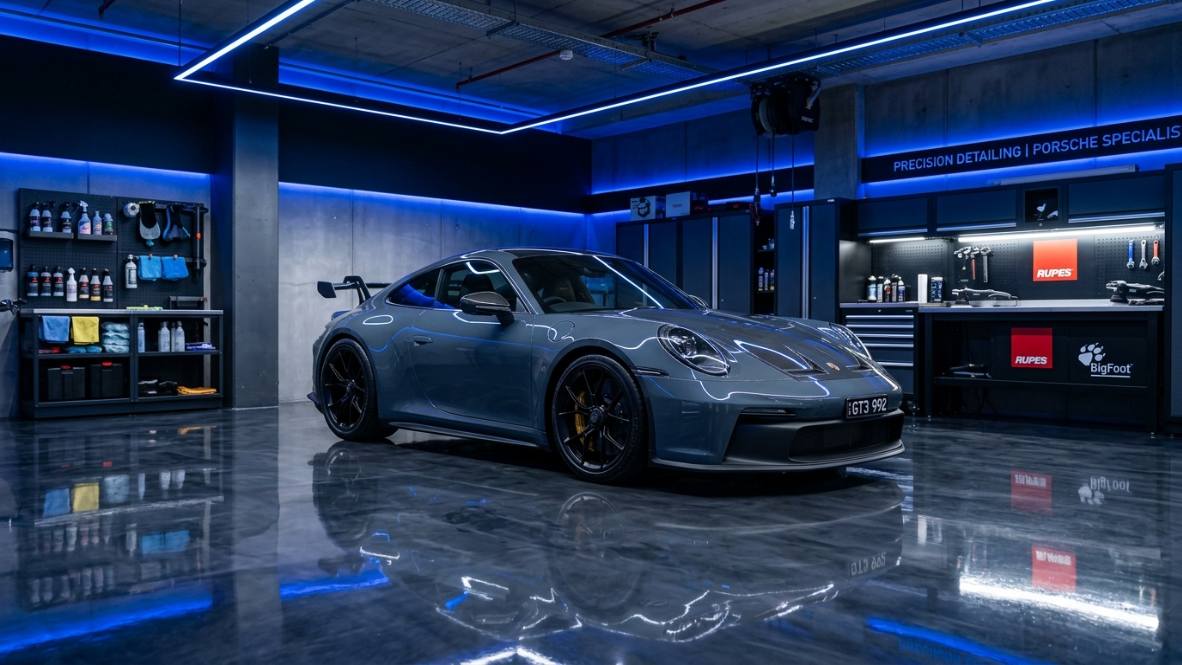 Porsche 911 GT3 in a blue-lit detailing studio