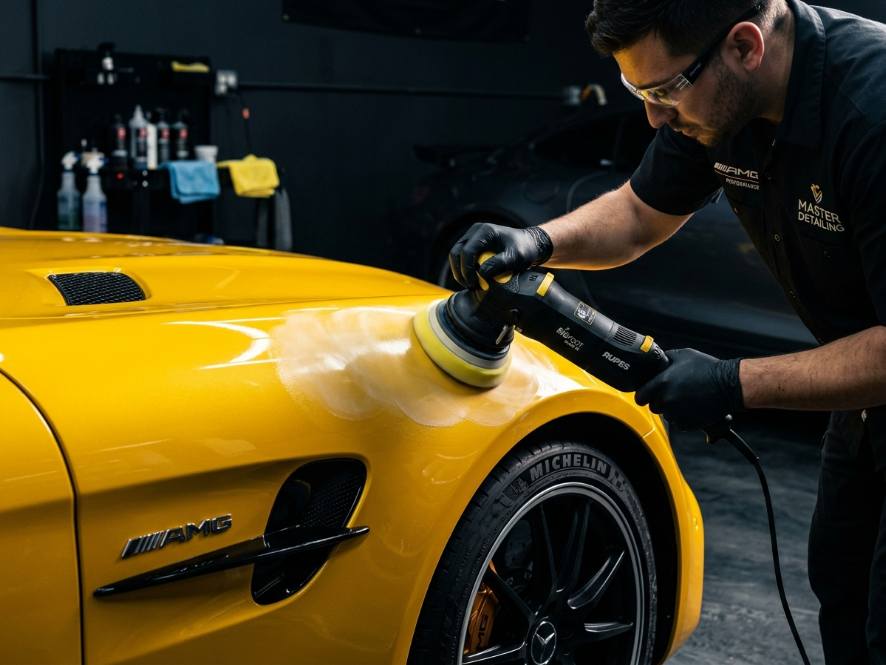 Machine polisher correcting paint on a fender