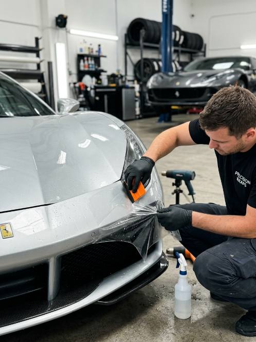 Technician wrapping protection film on a front bumper