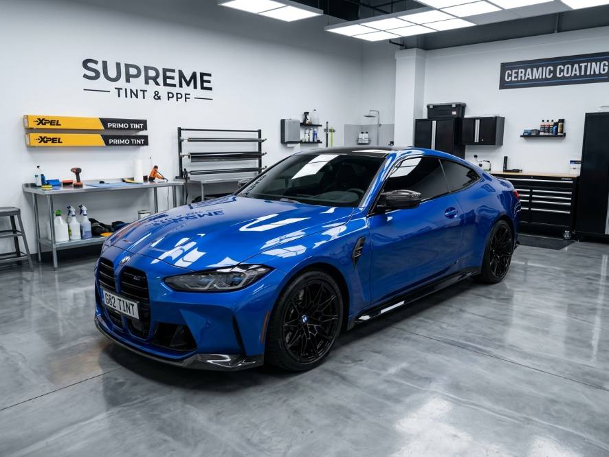 BMW with fresh ceramic tint in the install bay