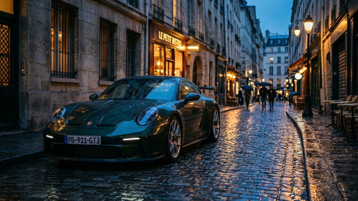 Dark green Porsche 911 on a rain-soaked Paris street