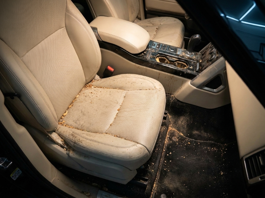 Luxury SUV interior before detailing — crumbs on the cream leather seat and dirty carpet