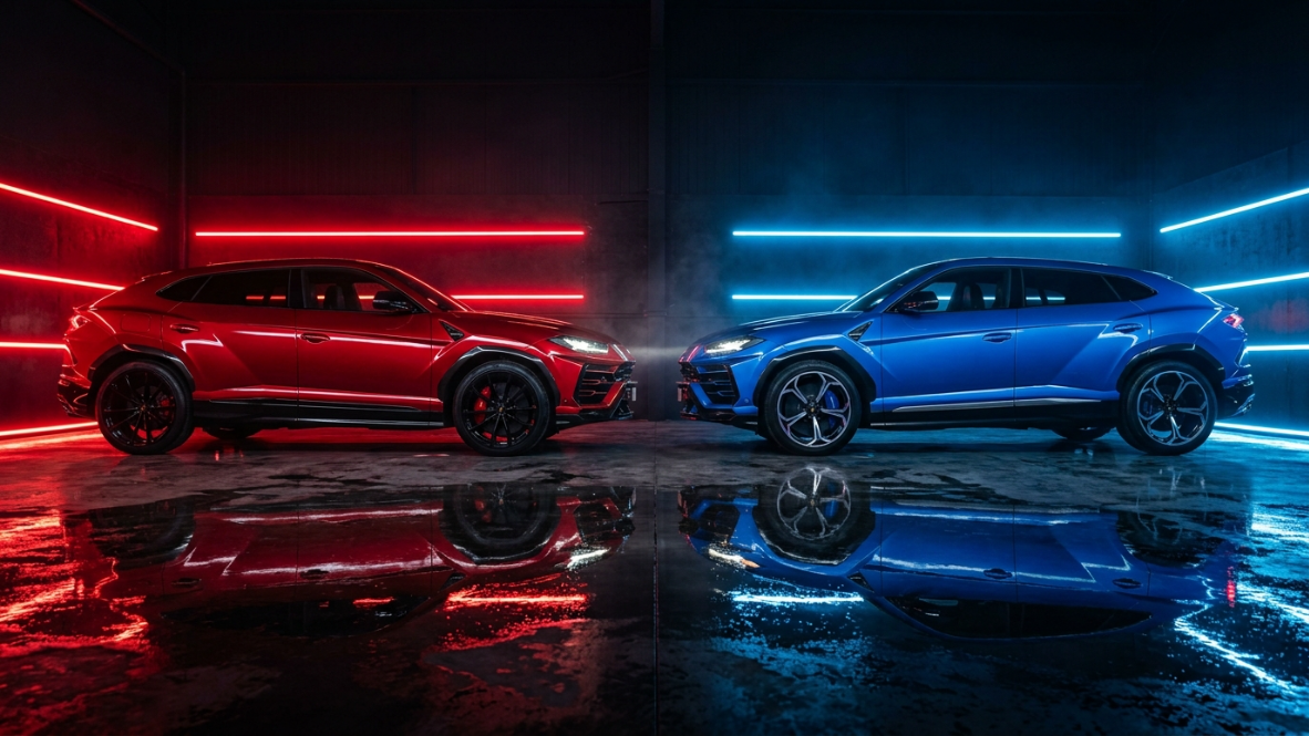 Red and blue Lamborghini Urus facing each other in a neon studio