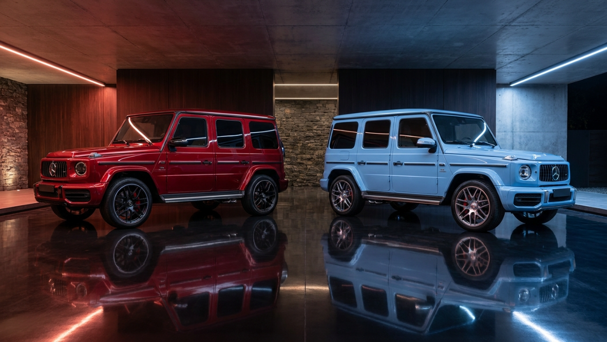 A cherry red G-Wagon and a baby blue G-Wagon parked side by side in a dark garage