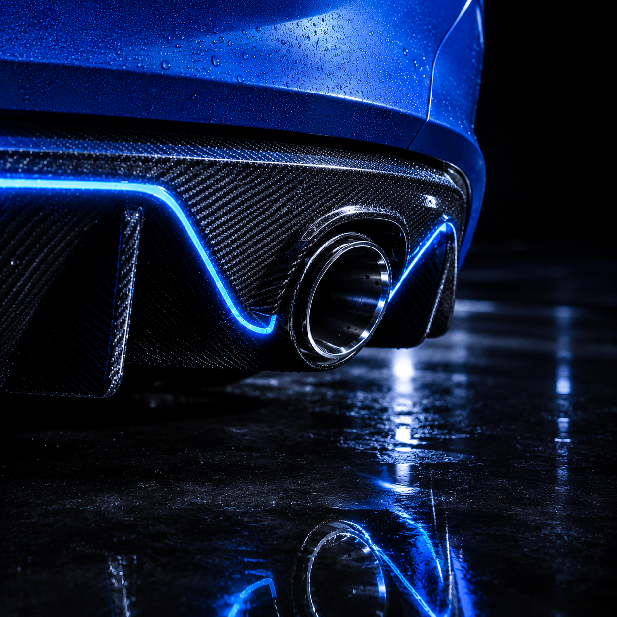 Carbon fiber trim and chrome exhaust tip in blue light