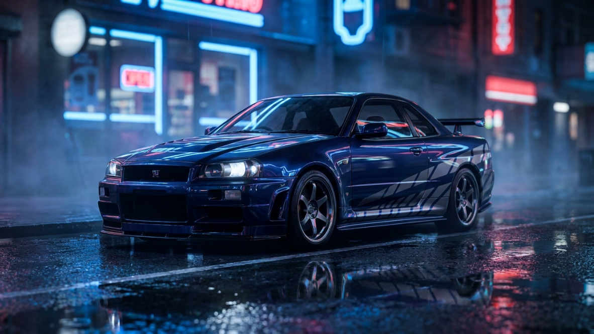 Glossy blue Skyline R34 parked on a rain-soaked neon street at night