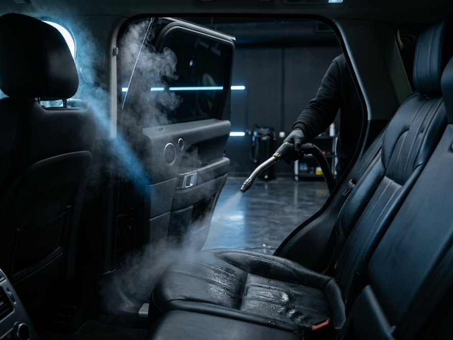 Steam wand releasing vapor across a black leather car seat
