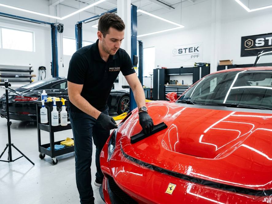 Paint protection film being applied to a hood