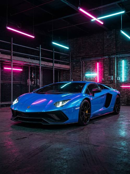 Blue Lamborghini Aventador under neon lights