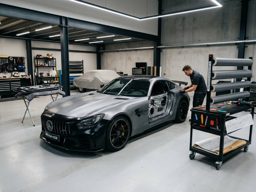AMG GT R mid-wrap in the install bay
