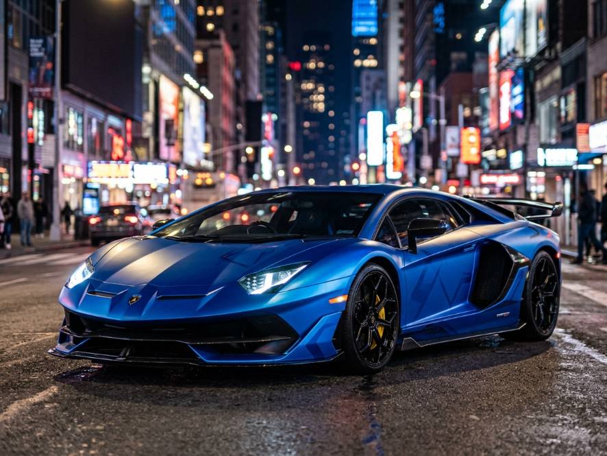 Blue Lamborghini Aventador wrap at night