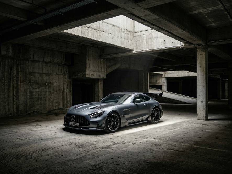 Matte grey AMG GT R wrap in parking structure