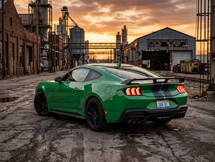 Green gloss Mustang GT wrap at golden hour